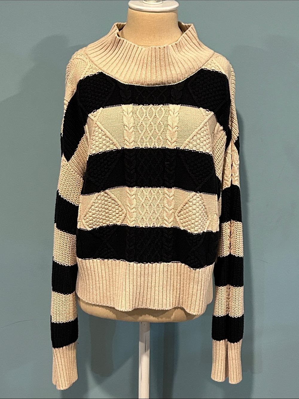 Altar'd State Cable Knit Striped Sweater XL Wide Mock Neck Cream Black